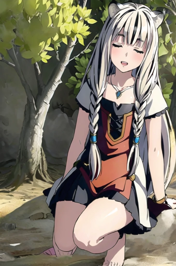 ((masterpiece)), (best quality), (ultra-detailed), photorealistic, (best illustration), ((an extremely delicate and beautiful)), 1girl, solo, long hair, tiger ears, white hair, two-tone hair, facing viewer, barefoot, closed eyes, short sleeves, school, low twin braids, twin braids, hair ornament, blush, head tilt, upper teeth, flat chest, young, aged down, happy, collarbone, necklace,  raphtalia clothes, armor, sword,