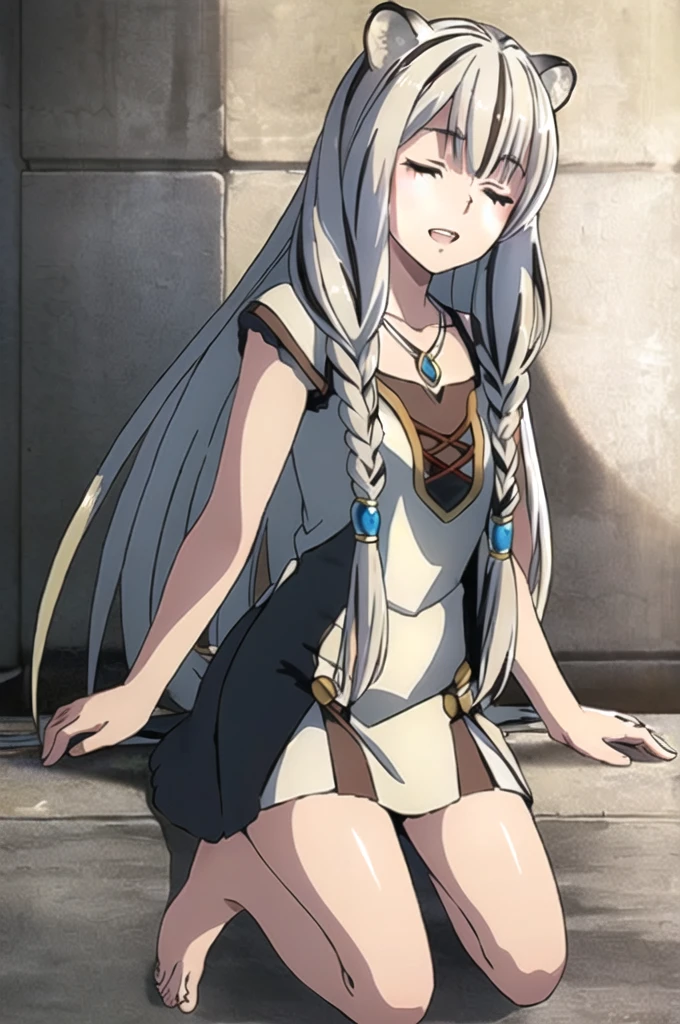((masterpiece)), (best quality), (ultra-detailed), photorealistic, (best illustration), ((an extremely delicate and beautiful)), 1girl, solo, long hair, tiger ears, white hair, two-tone hair, facing viewer, barefoot, closed eyes, short sleeves, school, low twin braids, twin braids, hair ornament, blush, head tilt, upper teeth, flat chest, young, aged down, happy, collarbone, necklace, raphtalia clothes, armor, sword,