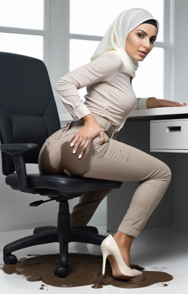 (((Realistic graphics))), (((realistic textures))), realistic face features, realistic body proportions, 1girl, slim face, pretty face, cute eyes, skinny body, wearing white hijab, white chino pants, tight long sleeve classic buttoned shirt, white heels, nervous facial expressions, very sweaty, both hands on ass, in office, near the office chair, dirty office chair, dirty pants, dirty clothes, sweaty clothes, (((make the whole image filthy and dirty))), (((mud overflowing from pants))), stinky atmosphere, filthy atmosphere, mud on pants, disgusting office, too much mud on pants