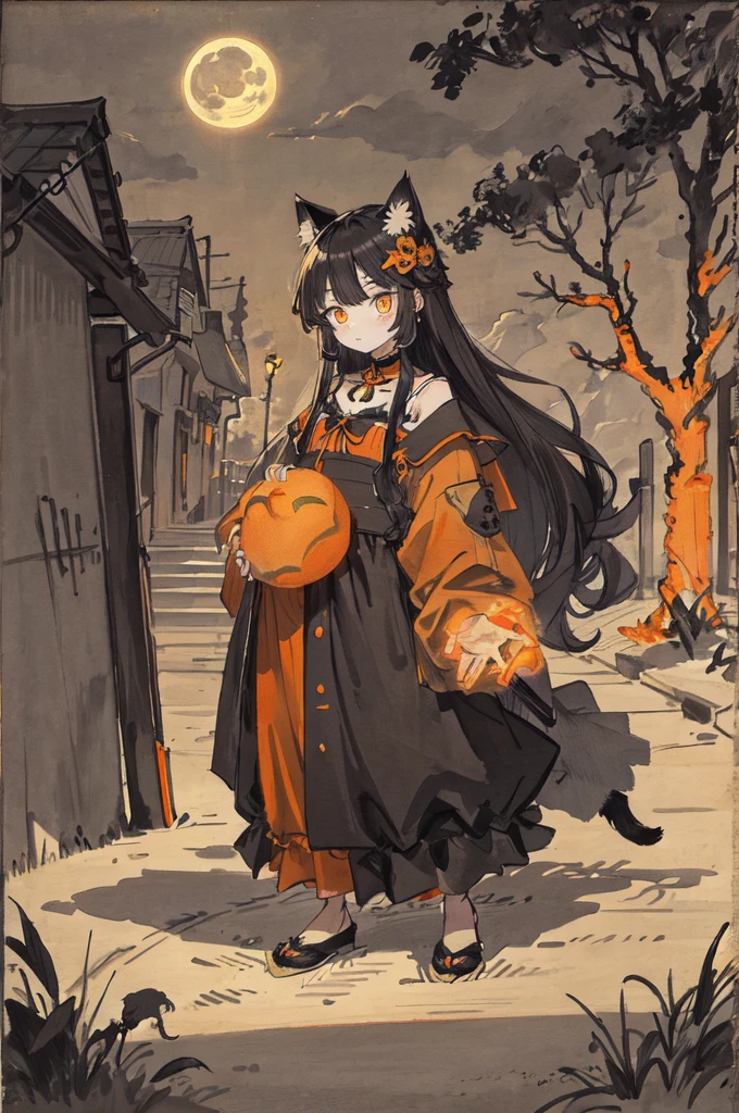 cat,Orange,beautiful,large eyes,Masterpiece,full moon,alley