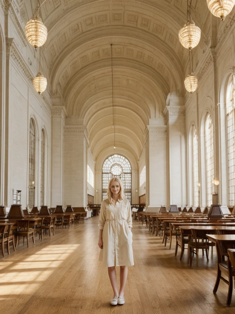 her name is Marie, high quality, 1girl, ((20-year-old fit Caucasian woman)), ((20 years old)), ((fit)), ((pale skin tone)), medium length straight blonde hair , wearing Pastel Yellow Button-Down Shirt Dress, pose: standing, background: Write about the tranquil ambiance of the New York Public Library's Rose Main Reading Room, where rows of elegant oak tables are bathed in natural light from the massive windows.