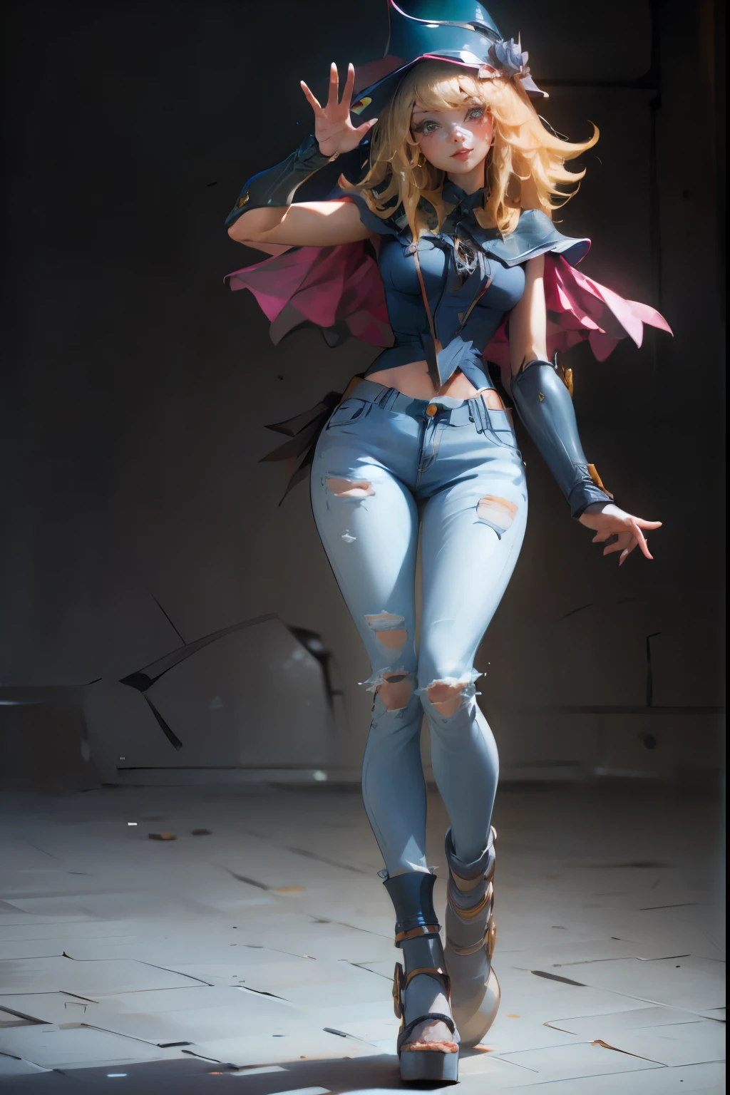 Beautiful dark magician gils waving, smiles and is flirtatious. She is wearing dark, tight jeans and heels . Dark jeans and gold heels. Full body shot. pose sexy