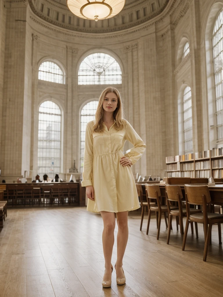 her name is Marie, high quality, 1girl, ((20-year-old fit Caucasian woman)), ((20 years old)), ((fit)), ((pale skin tone)), medium length straight blonde hair , wearing Pastel Yellow Button-Down Shirt Dress, pose: standing, background: Write about the tranquil ambiance of the New York Public Library's Rose Main Reading Room, where rows of elegant oak tables are bathed in natural light from the massive windows.