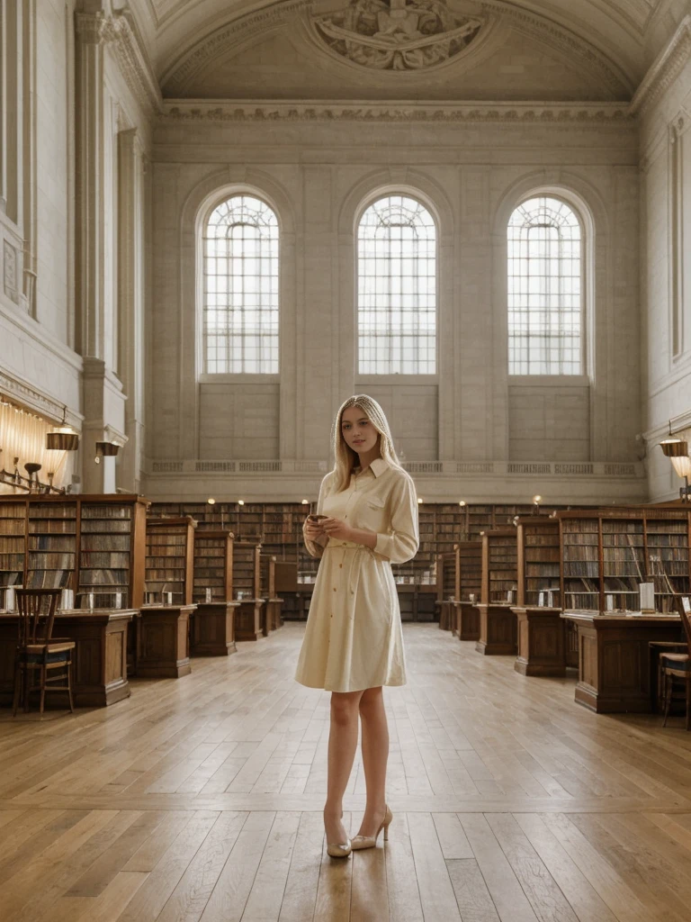 her name is Marie, high quality, 1girl, ((20-year-old fit Caucasian woman)), ((20 years old)), ((fit)), ((pale skin tone)), medium length straight blonde hair , wearing Pastel Yellow Button-Down Shirt Dress, pose: standing, background: Write about the tranquil ambiance of the New York Public Library's Rose Main Reading Room, where rows of elegant oak tables are bathed in natural light from the massive windows.