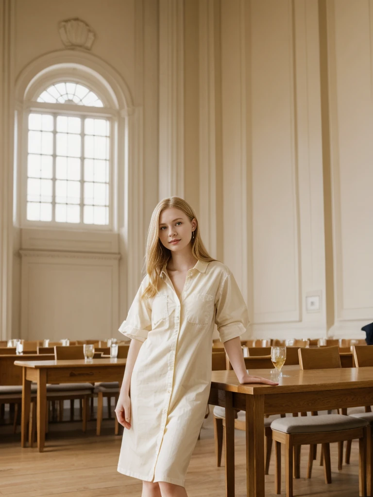 her name is Marie, high quality, 1girl, ((20-year-old fit Caucasian woman)), ((20 years old)), ((fit)), ((pale skin tone)), medium length straight blonde hair , wearing Pastel Yellow Button-Down Shirt Dress, pose: standing, background: Write about the tranquil ambiance of the New York Public Library's Rose Main Reading Room, where rows of elegant oak tables are bathed in natural light from the massive windows.