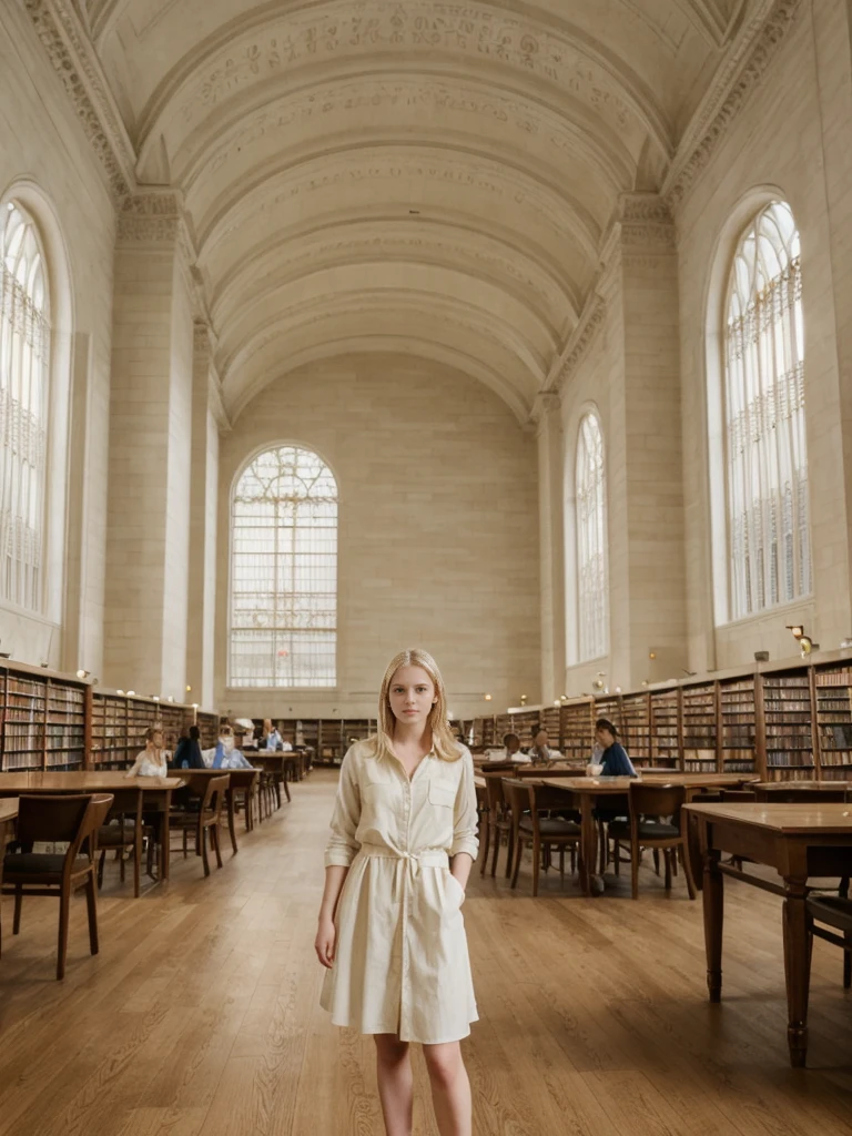 her name is Marie, high quality, 1girl, ((20-year-old fit Caucasian woman)), ((20 years old)), ((fit)), ((pale skin tone)), medium length straight blonde hair , wearing Pastel Yellow Button-Down Shirt Dress, pose: standing, background: Write about the tranquil ambiance of the New York Public Library's Rose Main Reading Room, where rows of elegant oak tables are bathed in natural light from the massive windows.