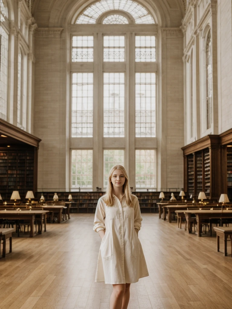 her name is Marie, high quality, 1girl, ((20-year-old fit Caucasian woman)), ((20 years old)), ((fit)), ((pale skin tone)), medium length straight blonde hair , wearing Pastel Yellow Button-Down Shirt Dress, pose: standing, background: Write about the tranquil ambiance of the New York Public Library's Rose Main Reading Room, where rows of elegant oak tables are bathed in natural light from the massive windows.