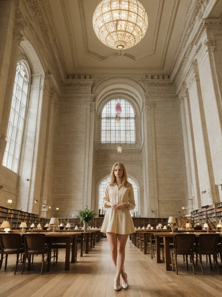 her name is Marie, high quality, 1girl, ((20-year-old fit Caucasian woman)), ((20 years old)), ((fit)), ((pale skin tone)), medium length straight blonde hair , wearing Pastel Yellow Button-Down Shirt Dress, pose: standing, background: Write about the tranquil ambiance of the New York Public Library's Rose Main Reading Room, where rows of elegant oak tables are bathed in natural light from the massive windows.