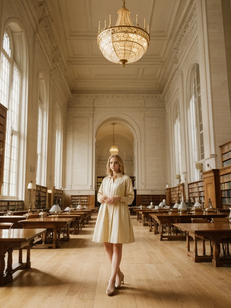 her name is Marie, high quality, 1girl, ((20-year-old fit Caucasian woman)), ((20 years old)), ((fit)), ((pale skin tone)), medium length straight blonde hair , wearing Pastel Yellow Button-Down Shirt Dress, pose: standing, background: Write about the tranquil ambiance of the New York Public Library's Rose Main Reading Room, where rows of elegant oak tables are bathed in natural light from the massive windows.