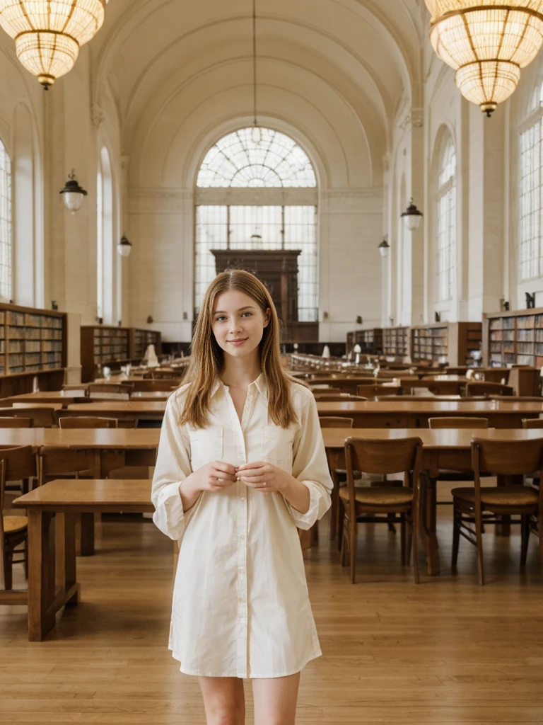 her name is Marie, high quality, 1girl, ((20-year-old fit Caucasian woman)), ((20 years old)), ((fit)), ((pale skin tone)), medium length straight blonde hair , wearing Pastel Yellow Button-Down Shirt Dress, pose: standing, background: Write about the tranquil ambiance of the New York Public Library's Rose Main Reading Room, where rows of elegant oak tables are bathed in natural light from the massive windows.