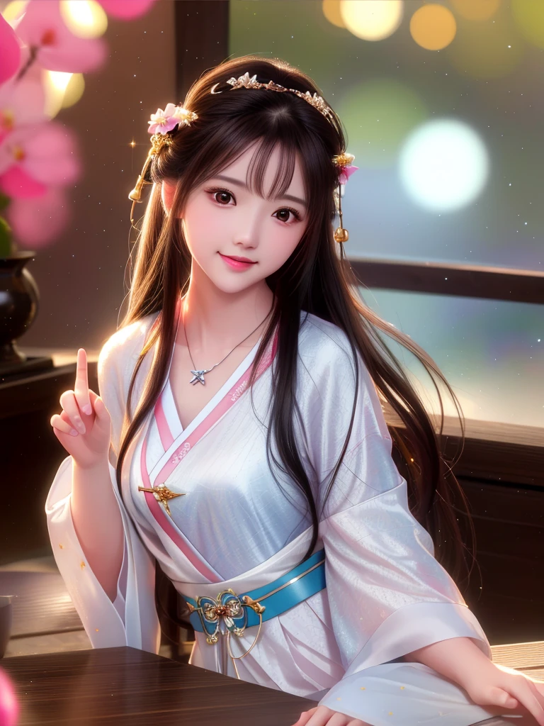 best quality, masterpiece, high resolution, 1 Girl,blush,(Charming smile:0.8),Star-shaped pupil,china hanfu,Hair accessories,necklace, Jewelry,Pretty Face,Above_Body, Tyndall effect,Reality, Dark Studio, Rim Light, Two-tone lighting,(High Detail Skin:1.2), 8K uhd, Digital SLR Camera, Soft lighting, high quality, Volumetric Lighting, frank, photo, high resolution, 4K, 8K, Bokeh