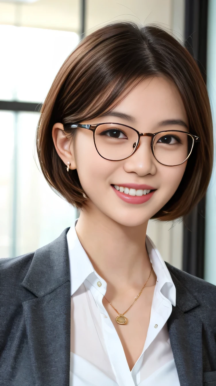 high quality:1.2), RAW Photos, High resolution, Very detailed, Intricate details,、Brown Hair、Short Haircut、Glasses、ear piercing、smile、Emphasis on teeth、, (Front view, ), Clear beauty, Necklace around the neck、,, (High Quality Fabric, Office Lady Suits、Jacket、Unbuttoned white shirt) 、Detailed face, indoor,