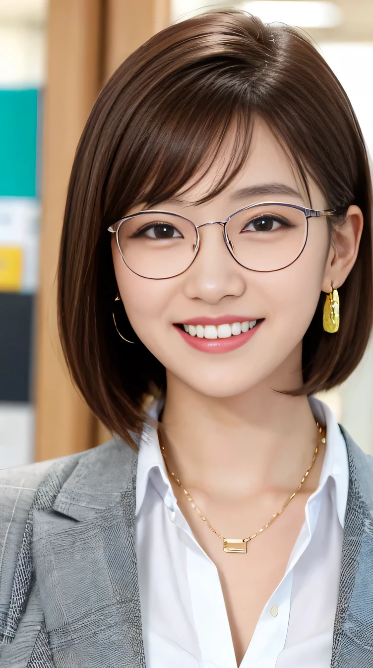 high quality:1.2), RAW Photos, High resolution, Very detailed, Intricate details,、Brown Hair、Short Haircut、Glasses、ear piercing、smile、Emphasis on teeth、, (Front view, ), Clear beauty, Necklace around the neck、,, (High Quality Fabric, Office Lady Suits、Jacket、Unbuttoned white shirt） 、Detailed face, indoor,