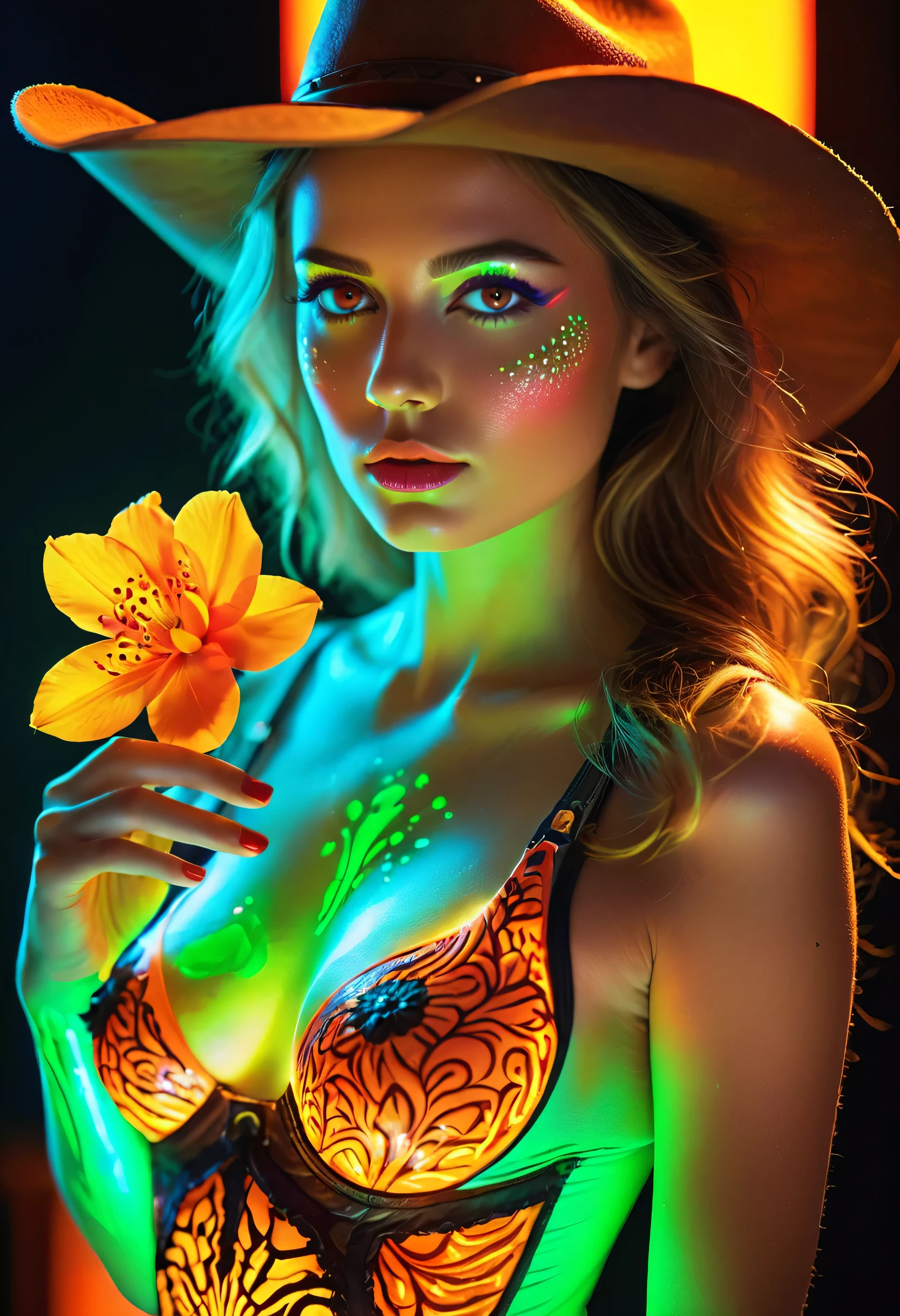 ((portrait of a girl in the ultraviolet backlighting on her:1.24)), (1girl: 1.3, 22 years), ((perfect hands:1.2)), ((perfect female body:1.4)), cute girl, ((super fluorescent colourful and extremely intricately detailed photo of Hyperrealistic art Wonderful, intricate (fluorescent colorful))), photorealistic Realism 32K Quality, fashion supermodel, (Glamour, paparazzi taking pictures of her), (beautiful slim and sharp face), (((Hyper absurd details of realistic , perfectly round brown eyes: 1.3) in Ultra absurd quality and resolution)), ((Ultra sharp eyes, clear absurd quality, not blurry)), ((fine detailed pupils: 1.4)), pink_makeup:1.2, blue_eyeliner:1.13, red_lipstick:1.4,(perfect dark_eyeshadows:1.35), (Detailed nose:1.2), Intricate detail face, best high quality real texture skin, (perfect composition), ((orange, green, black, red flower clusters: 1.44)), ((fluorescent flower clusters printed on her skin: 1.35)), ((fluorescent paint whole body:1.22)), ((A model shows off glowing body paint covering her private parts in a vivid artistic display:1.5))), ((Beautiful girl with long legs and good style:1.2)), ((firm and full breasts:1.3)), (dynamic pose:1.25),((no_Pantise)),(Erotic:1.33), (((cowboy shot:1.3))), 