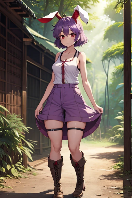 1Girl, Touhou, Reisen Inaba, Rainforest village backgorund, red eyes color, short hair, purple light hair color, Military female pants, dark brown boots, Female military tanktop (dirty), wide shot, full body, standing, sunlight