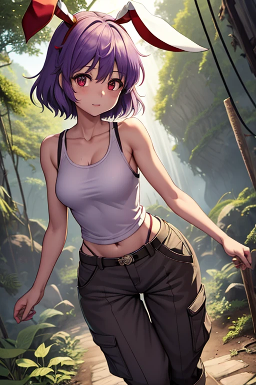 1Girl, Touhou, Reisen Inaba, Rainforest village backgorund, red eyes color, short hair, purple light hair color, Military female pants, dark brown boots, Female military tanktop (dirty), wide shot, full body, standing, sunlight