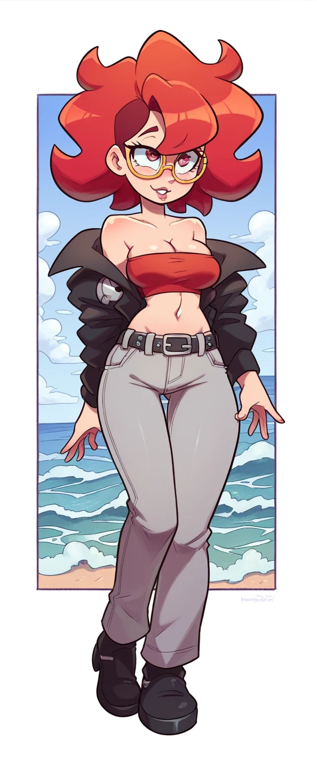 A tall woman, big, big chest, sexy, cool, waves, tough, bright red hair, long wavy, her light red eye, medium eyelash, black, pink lip, she dresses in a metallic black coat underneath, red top, tied knot, shows navel, light gray pants, wearing a black belt, black shoe, she wears yellow glasses, only her head sex love relationship bed boyfriend