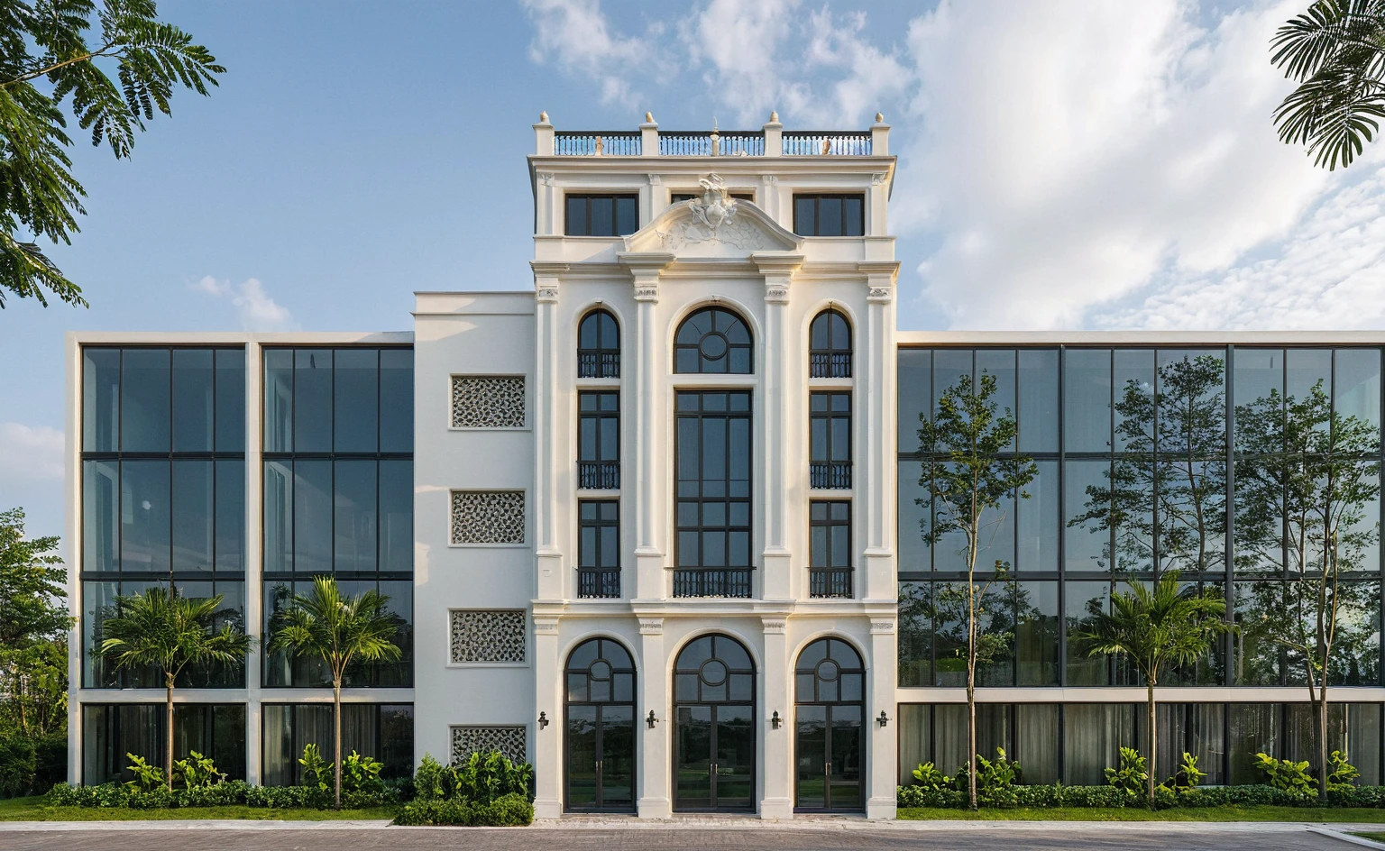 Raw photo, Masterpiece, high quality, best quality, realistic, super detailed, outdoor, neoclassical townhouse style, neoclassical traditional house, large glass windows and first floor, tiled roof green, white wall, sidewalk, grass, trees, tropical plants, clear sky, clouds, (natural light), (daylight:1.2)