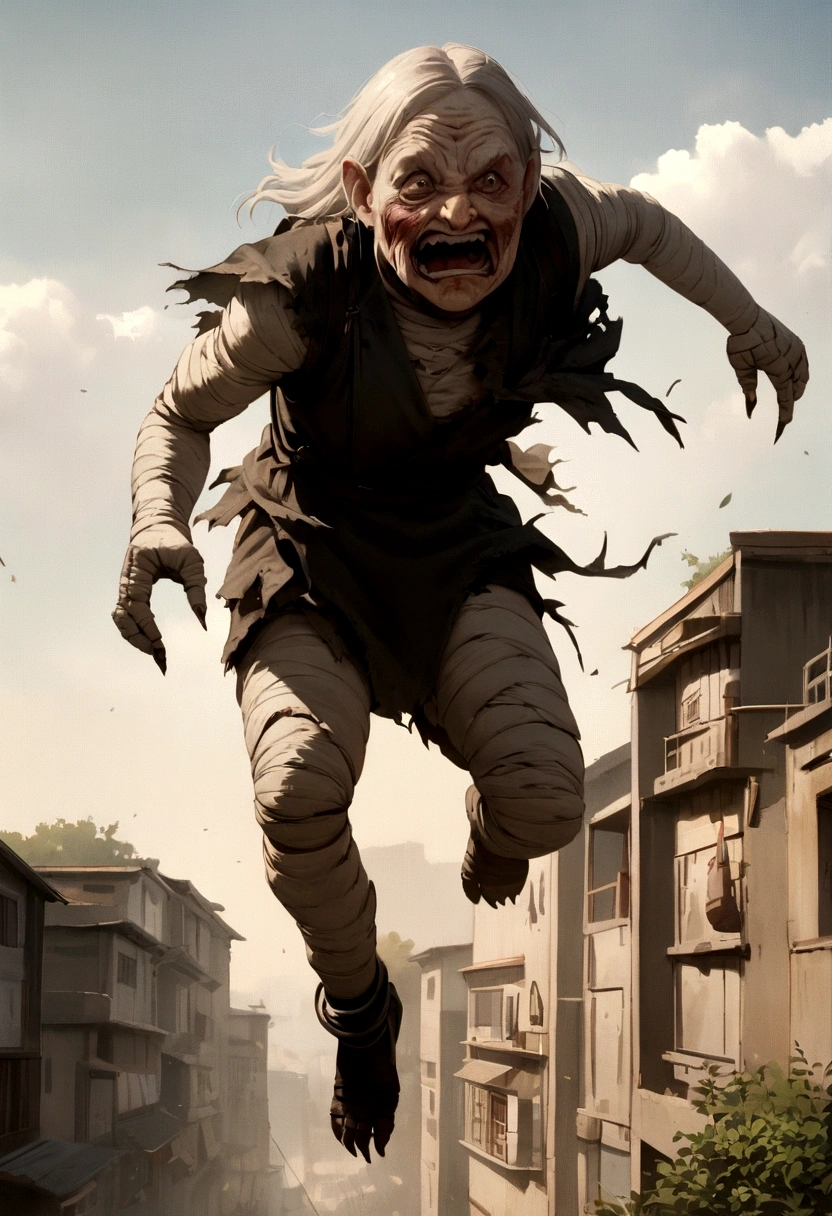 Live Action Prompt A Japanese monster in the form of a humanoid, wearing torn clothes, with an ugly face and full body, floating vertically in the air.
