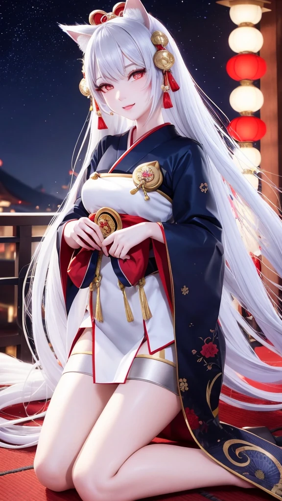 masterpiece, best quality, highly detailed, 1girl, white hair, face: sweet girl, laugh kimono, black kimono, Matte texture clothing. look up at the night sky.
