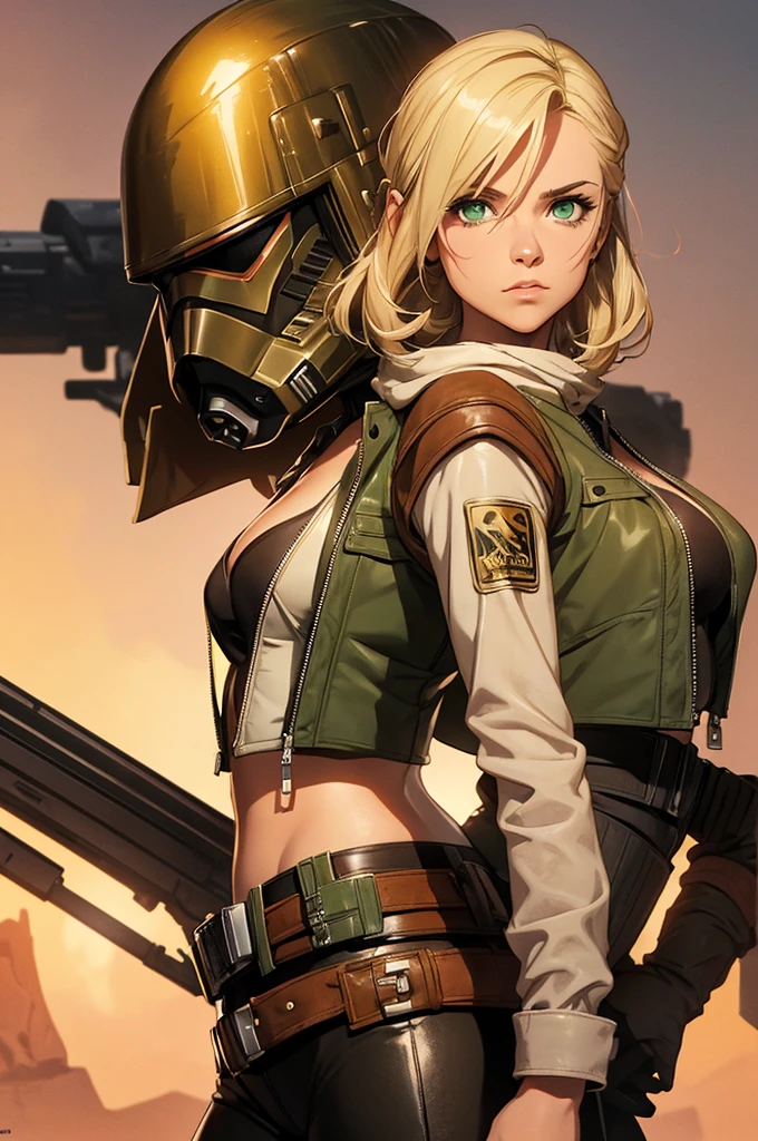 Female smuggler from Star Wars. Tatooine background. Young, fit. Blonde longer hair. Green eyes. Wearing tight leather brown leggings with a belt. Short jacket or vest.