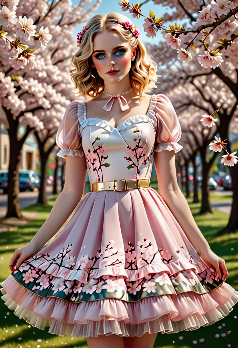 A beautiful sensual, curvy blonde kid wearing a sweet Pink Party Contrast Mesh, Ruffle Hem, All Over cherry blossoms Print, A Line, Short puff Sleeves, Sweetheart neckline, thin gold belt with tiny heart buckle, High Waist,Flounce hem Long gown, very long curling hair, cute, sweet, town picnic, warm party atmosphere, pretty, pretty lighting, 8k, octane render, detailed, detailed background, 35mm, realistic, photorealistic, perfect face, cherry blossoms barrettes in hair, freckles, American 