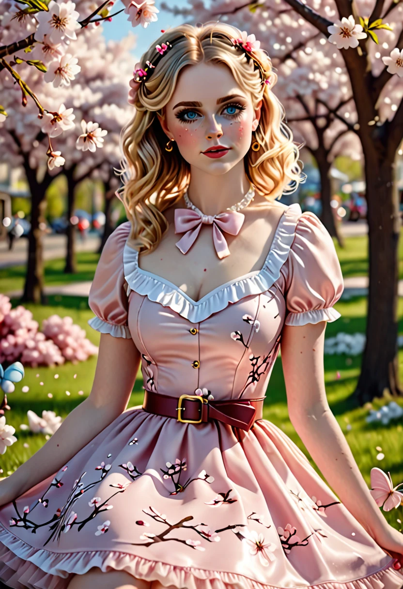 A beautiful sensual, curvy blonde kid wearing a sweet Pink Party Contrast Mesh, Ruffle Hem, All Over cherry blossoms Print, A Line, Short puff Sleeves, Sweetheart neckline, thin gold belt with tiny heart buckle, High Waist,Flounce hem Long gown, very long curling hair, cute, sweet, town picnic, warm party atmosphere, pretty, pretty lighting, 8k, octane render, detailed, detailed background, 35mm, realistic, photorealistic, perfect face, cherry blossoms barrettes in hair, freckles, American 