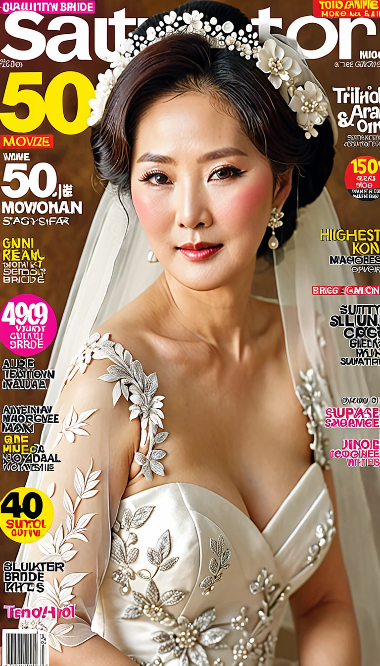 ( Highest quality ) , Traditional Korean Bride , Mature Woman , 50yo , 1930ｙ Bridal magazines cover , BIG LOGO TYPE , ((( slutty bride ))) , saggy huge tits ,