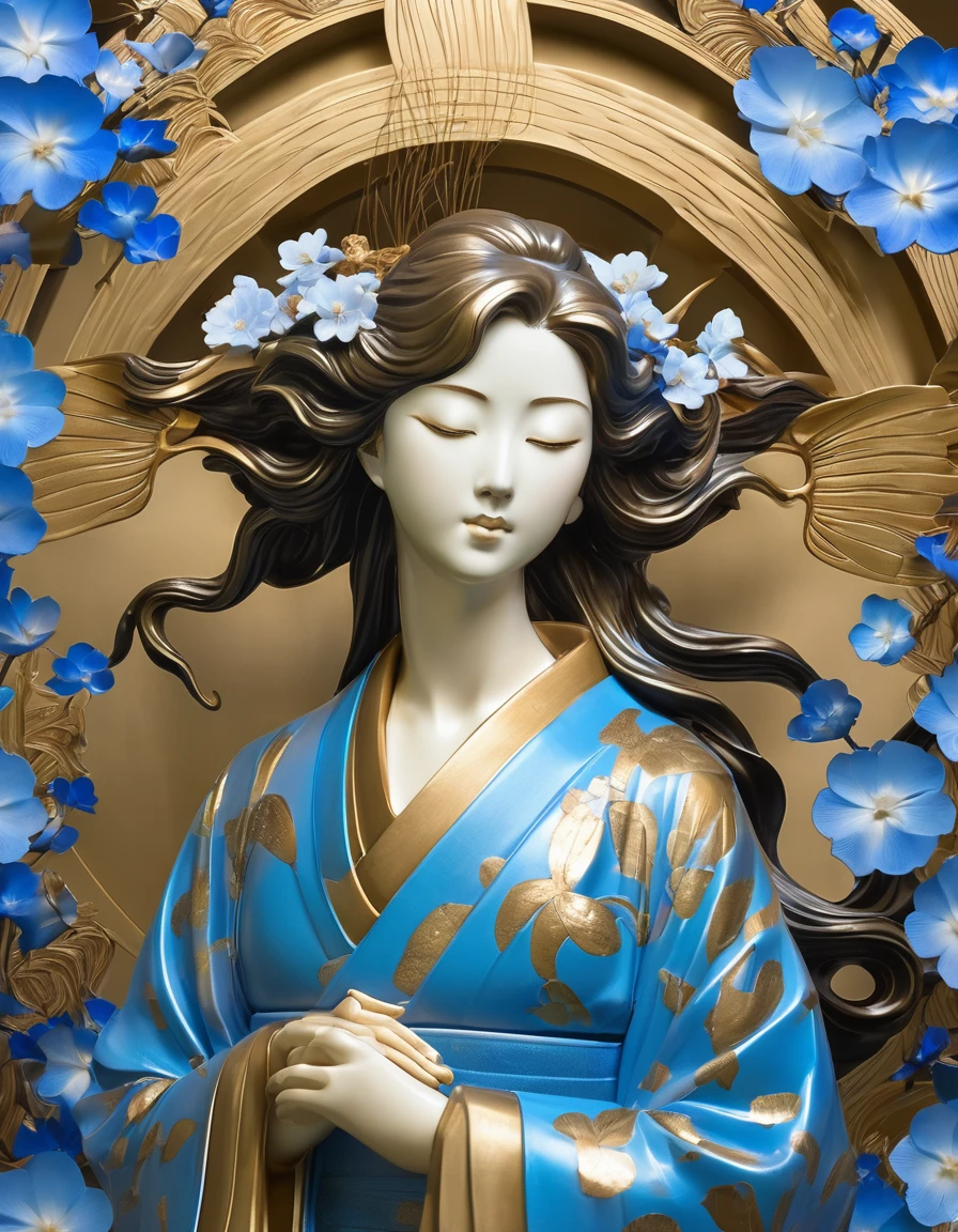 Kimono, angel, shiny bronze statue, deification, eyes closed, blue flowers in the background, semi-long hair, no pose