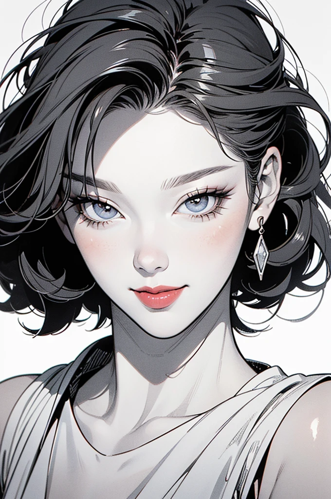 ((Manga illustration)), ((Léa Seydoux)) close up portrait ,solo , medium short hair, looking at viewer, blush , smile , happy ,red lipstick, close up portrait, solo, focus on eyes, plain background, (in vector style), ((monochrome Manga drawing))
