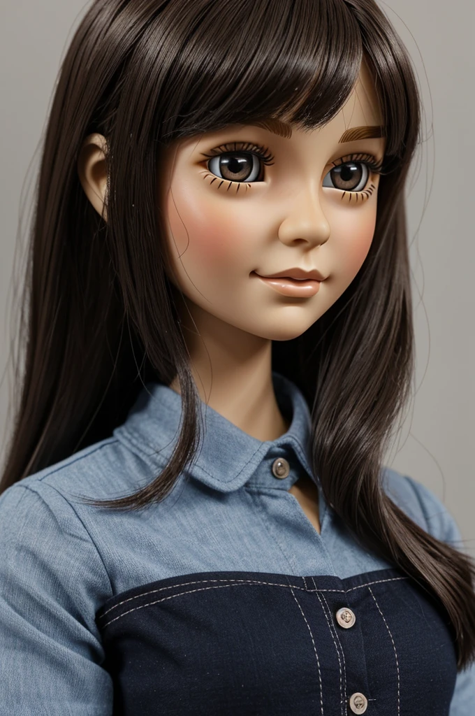 The Blythe doll will have long, straight dark brown hair, parted in the middle.
The face will be painted with a soft, natural look, emphasizing a gentle smile.
The eyes will be dark brown and large, with a lively expression.
The outfit will be a miniaturized version of the blue shirt with black stripes, including the emblems on the sleeves and chest.