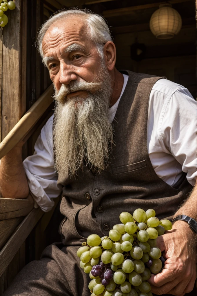 old man 70 years old beard big bunch of grapes