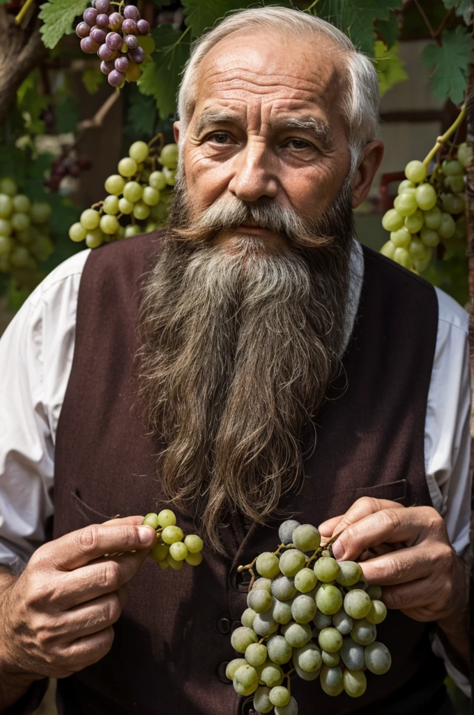 old man 70 years old beard big bunch of grapes