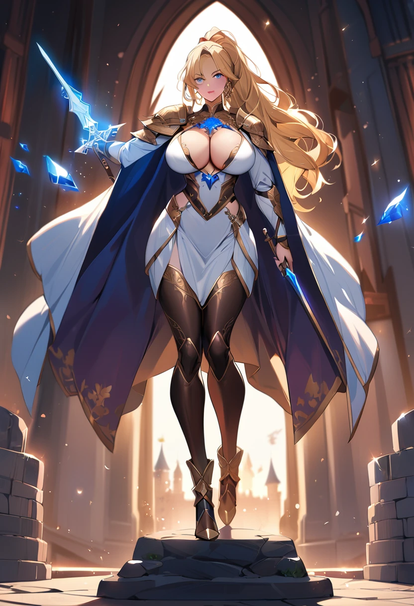 1 woman, aged up, woman in armor standing on stone ledge with sword in hand, full body, long hair, ponytail, blonde hair, bangs, detailed face, beautiful face, (perfect eyes), (detailed eyes), (shining eyes), beautiful eyes, bright eyes, pretty eyes, blue eyes, (glowing eyes), luscious lips, red lips, cross earrings, female warrior, bikini armor, gold decoration, blue wind-fluttering cape, Highly detailed clothes, beautifully made outfit, big ass, big breasts, deep cleavage, windy hair, airy waist, wide hips, thick thighs, day background, castle scenery, , high quality, high resolution, lens flare, masterpiece, absurd, beautiful, mature, perfect body, dark room, detailed body, dynamic colors, dynamic clothes, detailed face, detailed background, background window, , vibrant colors, sharp focus, best quality, depth of field, cinematic shadows, cinematic lighting, magic, light particles, mysterious, dawn, outdoors, glow, golden, colorful, lighting, shadow, crystal, details:-1, details:0, details:0.5, details:1, details:1.5, 1 girl, seductive, delicate, elegant, (dynamic pose)