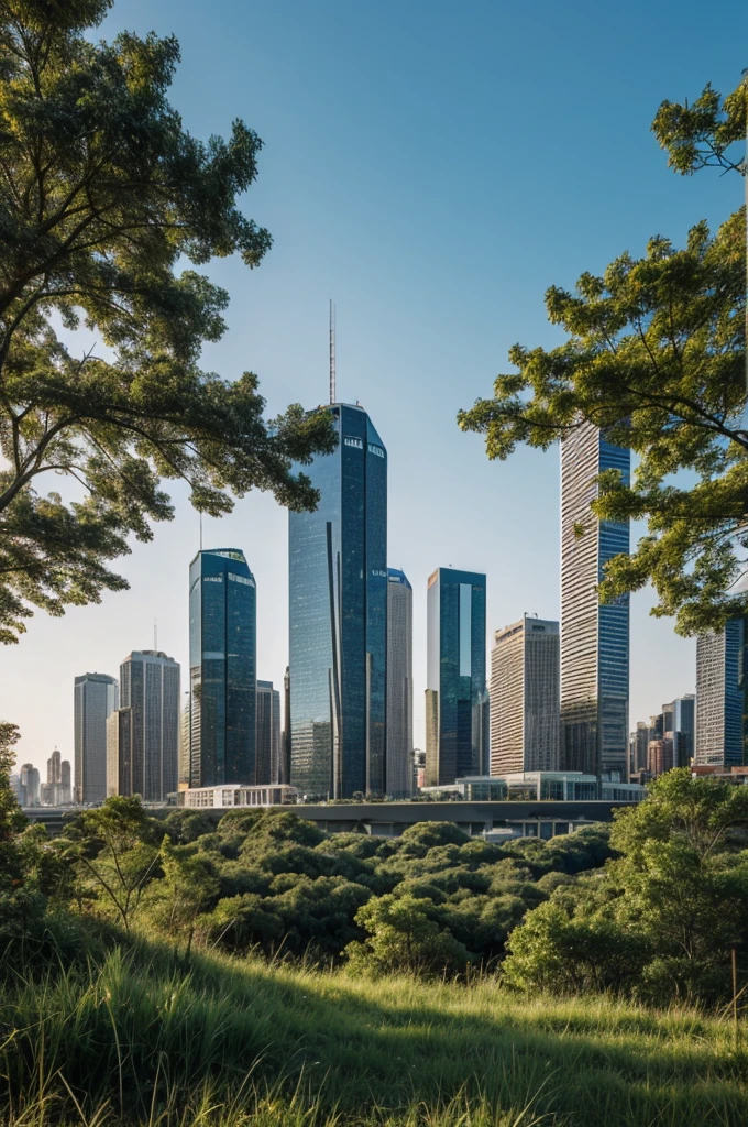 Modern skyline with dense vegetation