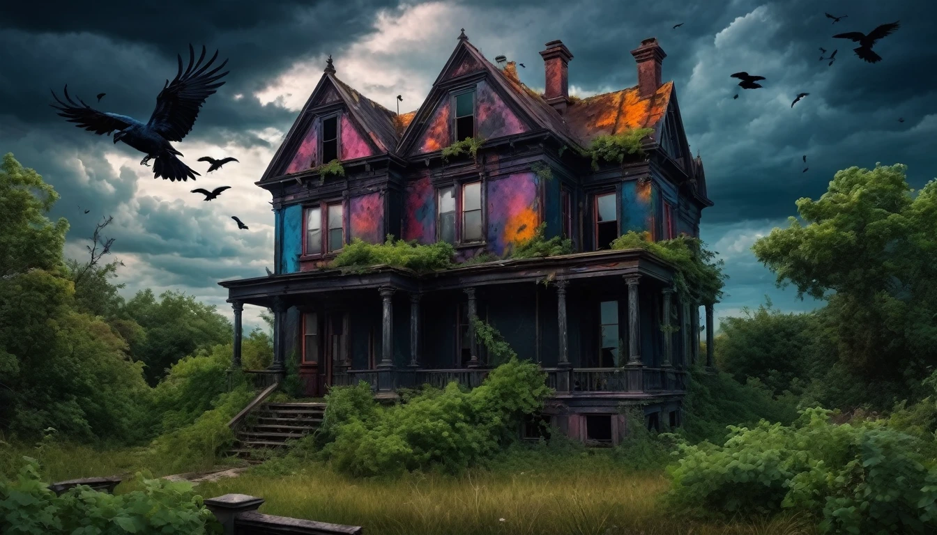 A dark, gothic abandoned house with overgrown vegetation, a stormy sky, and ravens flying around. Edgar Allen Poe style. Hyper realistic photo, vibrant colors, 16k