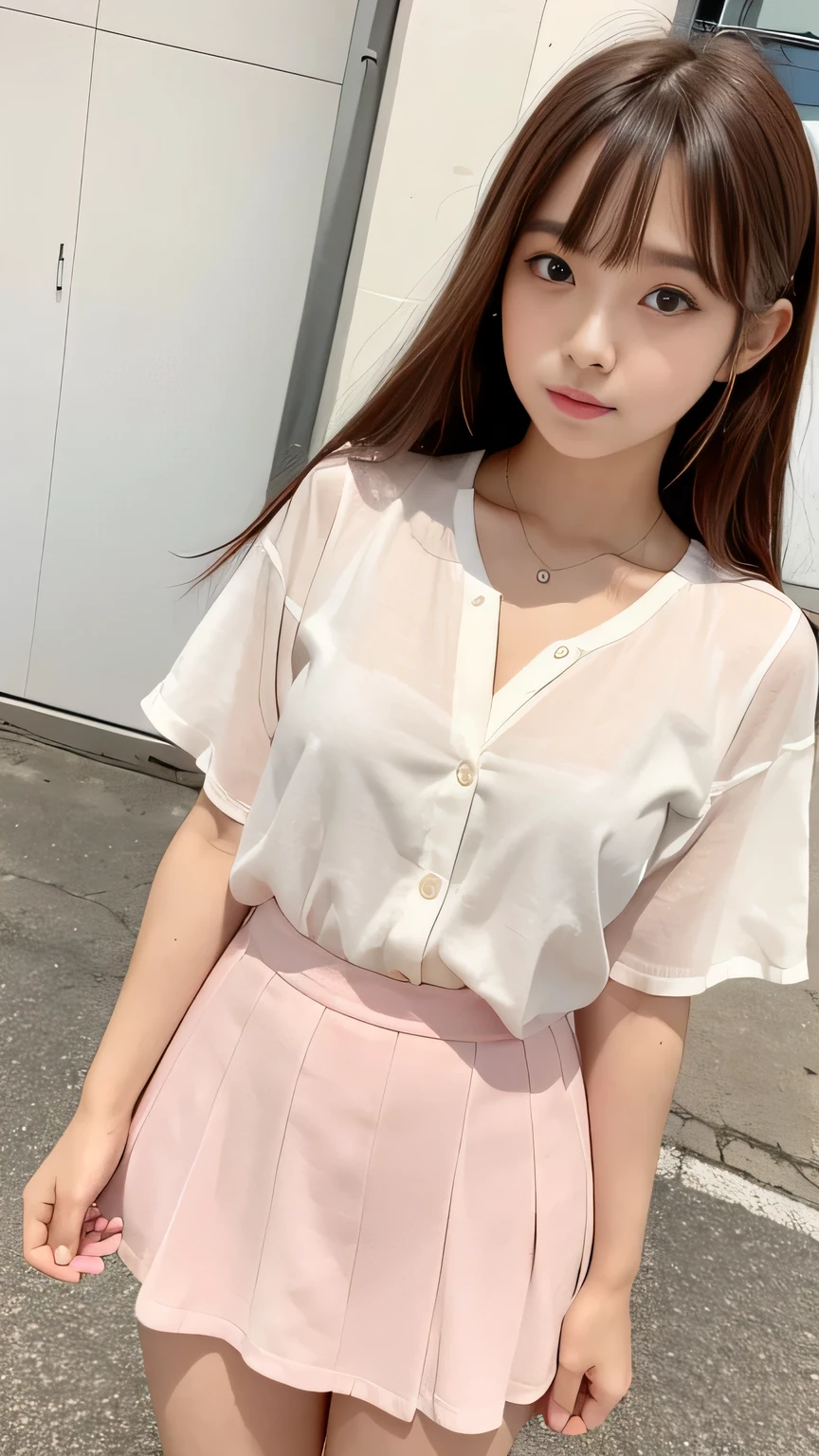 Sunburn marks on tanned skin、blush、Multicolored hair color、Bangs on the face、Bangs between the eyes、Super long hair、A cute looking 16-year-old、A strong wind blows my hair in front of my face、Beautiful big sparkling eyes, Cute eyes hidden by long bangs、Yawn、No visible nasolabial folds、A short, light-colored miniskirt、A cute and colorful summer blouse、Korean Beauty、Dark blush on the cheeks