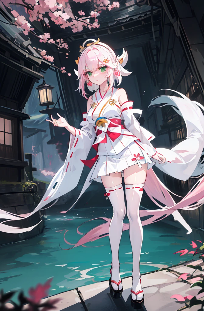 ((A pink-haired))，The hair was long，green eyes,Very long dull hairs，underground waterway background，((white kimono costume))，((White miko stockings))，((white mini skirt)), night,standing,pink hair,pink hair,underground waterway,((dark place)),((dark place)),((dark place)),((dark place)),((Dark underground canals where light does not reach)),((white kimono costume))，((White miko stockings))，((white mini skirt)),