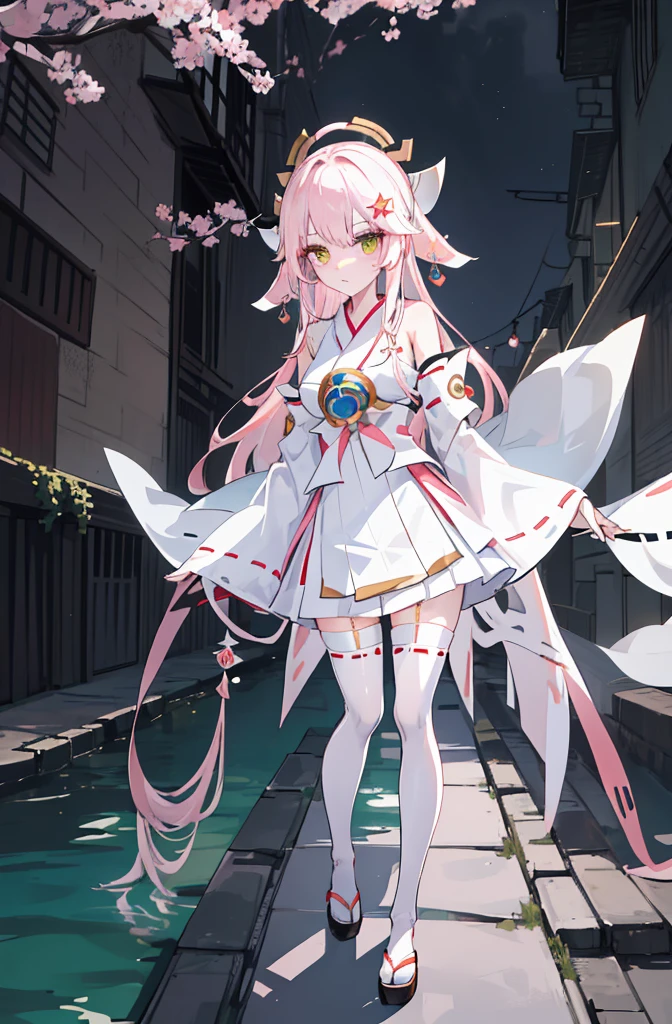 ((A pink-haired))，The hair was long，green eyes,Very long dull hairs，underground waterway background，((white kimono costume))，((White miko stockings))，((white mini skirt)), night,standing,pink hair,pink hair,underground waterway,((dark place)),((dark place)),((dark place)),((dark place)),((Dark underground canals where light does not reach)),((white kimono costume))，((White miko stockings))，((white mini skirt)),