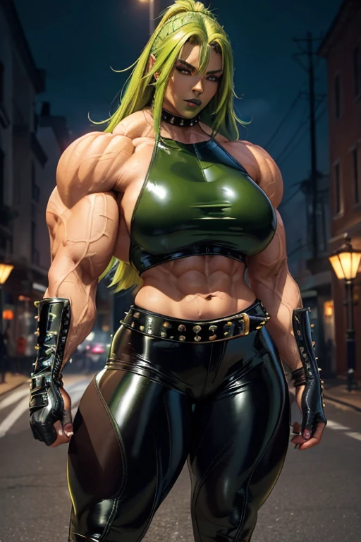 (((Massive tall, beautiful, buff, light brown skinned muscular woman with green hair, black lipstick, ginormous bulky muscles and wearing a beautiful latex top with latex pants))), ((close-up picture)), massive muscles, massive biceps, hyper muscle shoulders, massive muscle arms, vascular shoulders, hyper muscle triceps, (long curvy hair), (beautiful latex top), orange eyes, studded gauntlets, gloves, choker, (beautiful latex pants with belt), high heels boots, (in a dark street), closed smile, morning, hyper vascular arm, hyper muscles arms, hyper muscle legs, massive arms