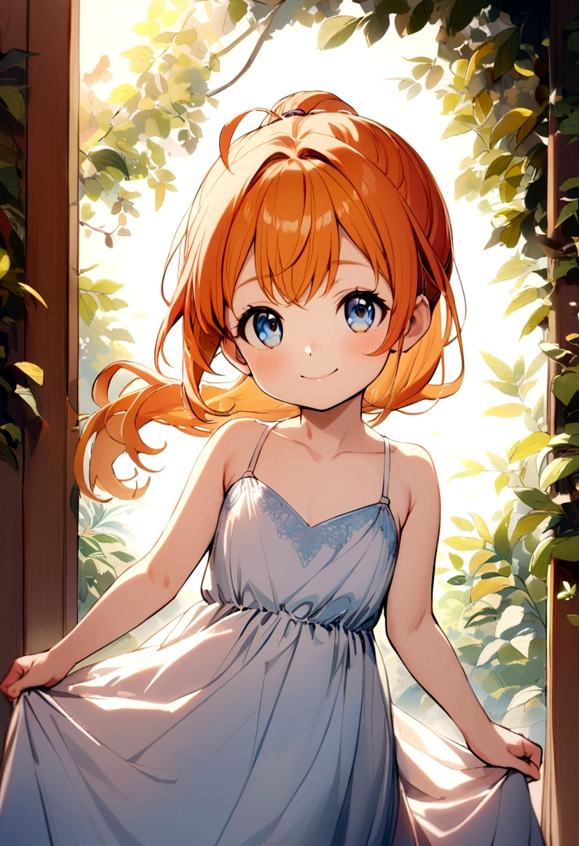 6 year old girl, orange hair, shoulder length ponytail, pink clip, dark blue eyes, light blue spaghetti strap dress, white t-shirt inside. smiling