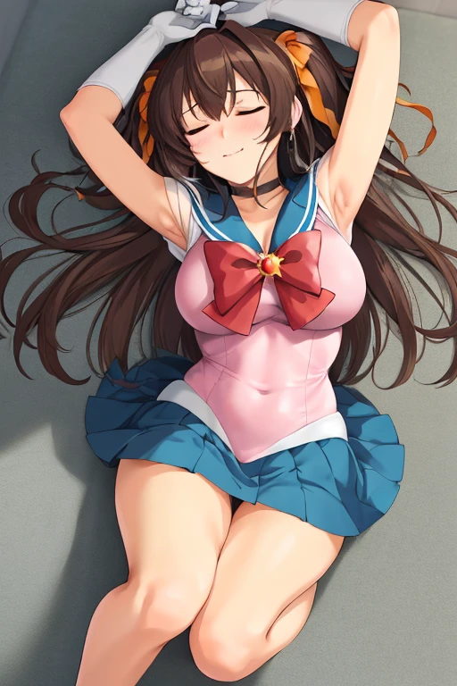 masterpiece, high definition, best quality, rendered art, well formed hands, fingers and body, 1 woman, solo, Haruhi Suzumiya, hair ribbon, adult, grown up, wearing Sailor Moon's outfit, big breasted, cleavage, full body, sexy sailor senshi uniform, short blue skirt, red boots, gorgeous hips, legs and thighs, white elbow gloves, sailor collar, tiara, earrings,ryona,in peril, she is  defeated, knocked out, passed out, closed eyes, exhausted, unconscious, laying down on the sand, extended exposed body, full body on the sand, breathing heavily, sexy smirk on her face, bouncing breasts, sexy defeated pose, defeat and KO scene, fallen beauty, martial arts tournament with beach environment 