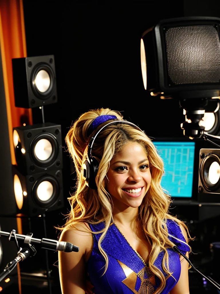 Shakira is beautiful, smiling happily, wearing a strange, unique design, short silhouette, in the recording studio