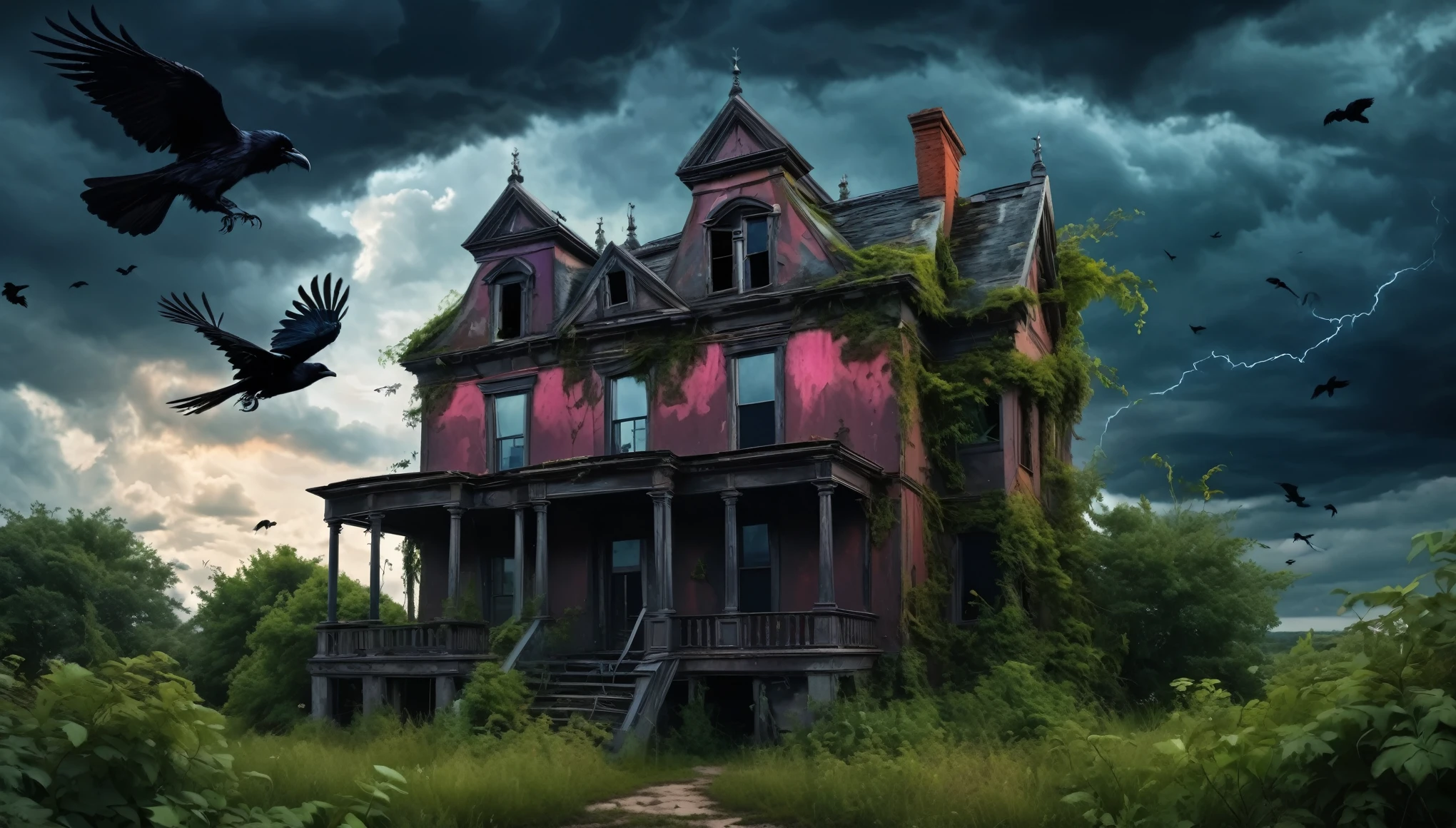 A dark, gothic abandoned house with overgrown vegetation, a stormy sky, and ravens flying around. Edgar Allen Poe style. Hyper realistic photo, vibrant colors, 16k