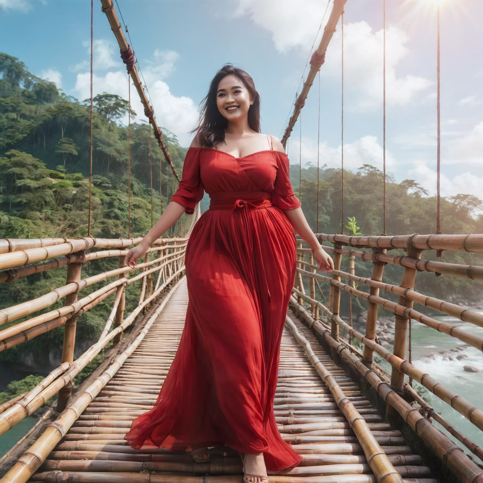 slightly fat Indonesian woman wearing a long red dress standing posing on a suspension bridge made of bamboo, she is happy, smiling, stylish dynamic pose, natural beauty, natural make up, beautiful natural scenery, enchanting blue sky, lens flare, Taken using Sony Alpha α7CR full-frame, photorealistic, UHD 1536px, high quality photo.