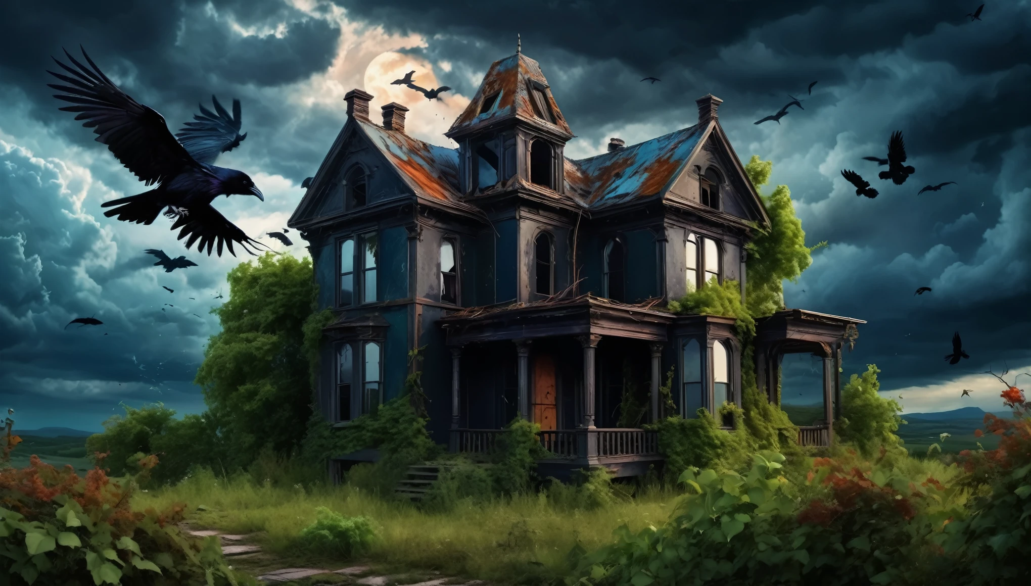 A dark, gothic abandoned house with overgrown vegetation, a stormy sky, and ravens flying around. Edgar Allen Poe style. Hyper realistic photo, vibrant colors, 16k