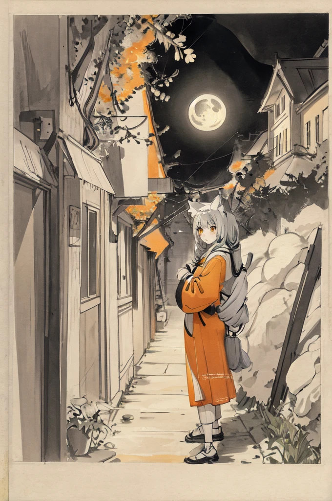 cat,Orange,beautiful,large eyes,Masterpiece,full moon,alley