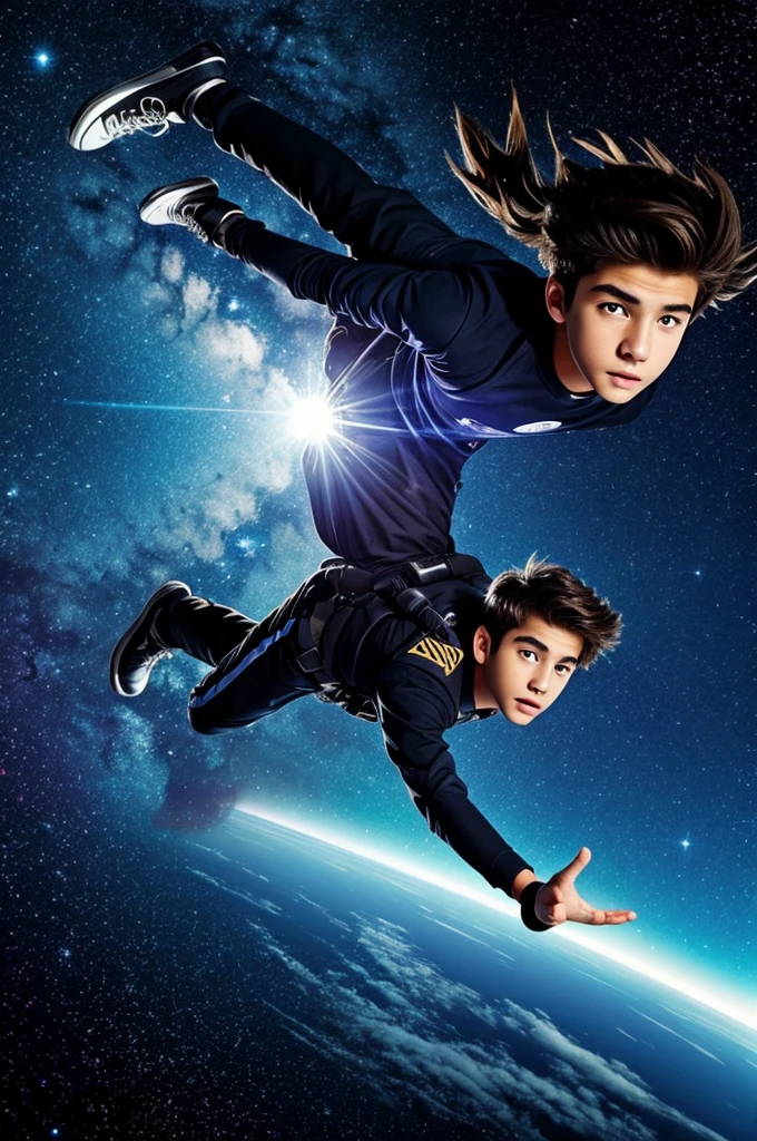 There's a scared boy who's flying through the air, floating in the space, floating in outer space, de viagens espaciais, floating in the space, surreal space, floating in deep space, flying in space, floating through space, flutuando no universo, Flutuando na Nebulosa do Cosmos, Epic lost in space, in outer space, Fantasia De Alta Qualidade Foto Stock --auto