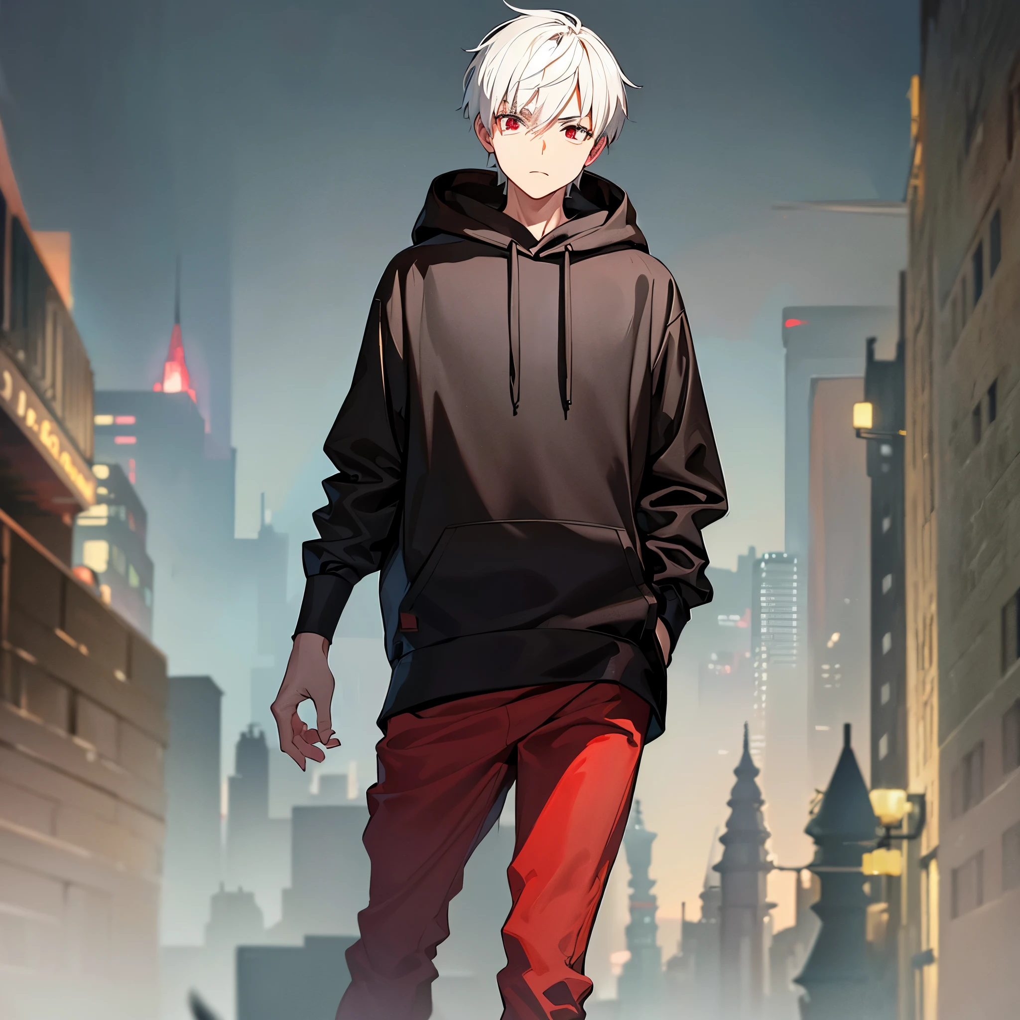 A young man with short white hair, red eyes, masculine face. Wearing a black hoodie with gray details. He is standing, looking to the side. On a center of a city. Dungeons and Dragons art direction, studio ghibli Style