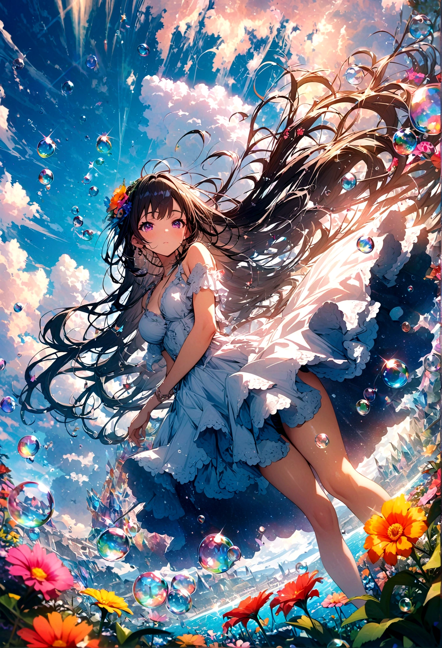 JK,Flowing hair,Beautiful sky, Beautiful clouds, Summer，Colorful flowers, (Crystal clear bubbles sparkle in the sky), masterpiece,high resolution,Wide-angle lens